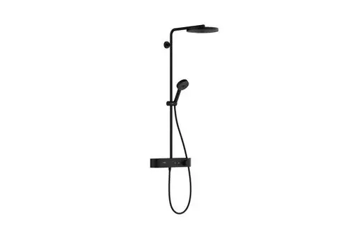Duscheinheit in mattschwarz mit fest montierter Kopfbrause und Handbrause. Steuerung durch ein Bedienfeld. Produkte von Hansgrohe erkennbar.